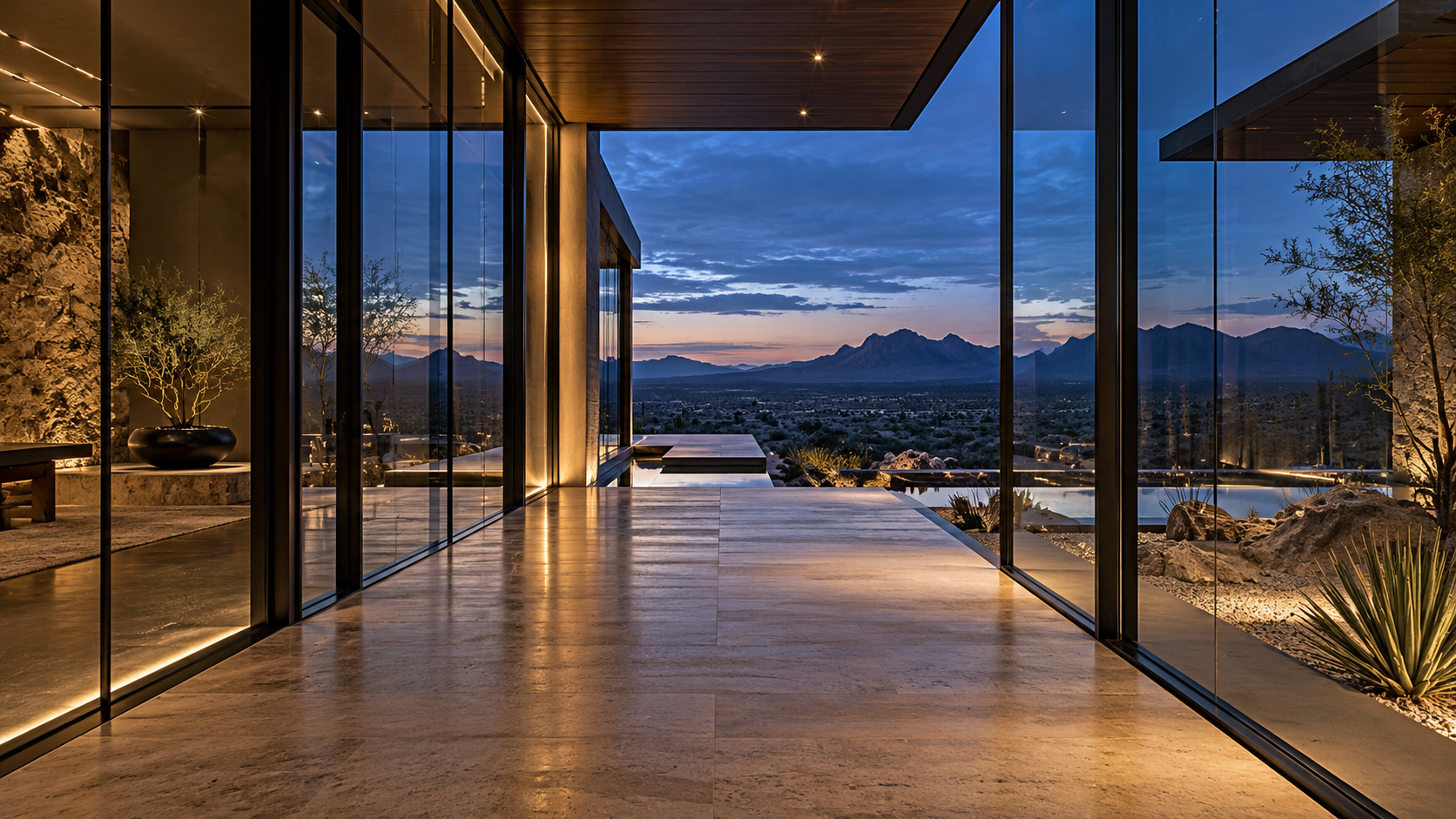 Illustrative glass corridor opening onto a desert view