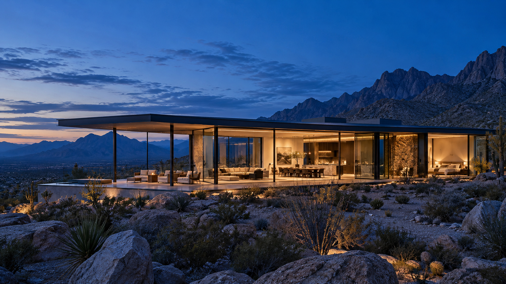 Illustrative modern glass home in a desert landscape